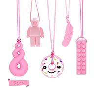 5Pcs Sensory Chew Necklace, Pink Teether Chew Toys for Autistic Children, Anxiety, Biting Needs Silicone Chewy Teether Toy Made of Food Grade Silicone for Kids Teething Oral Motor Chewy
