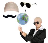 5Pcs Set Bald Cap Pitbull, Pitbull Bald Cap And Sunglasses Set - Nude Latex Bald Cap, Black Sunglasses, Inflatable Globe, Two Soul Patch - Music Icon Famous Celebrity Fancy Costume Accessory Set