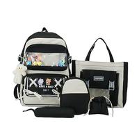 5Pcs/Set School Bags Backpack for Girls - Kawaii School Bookbags for Teen Girls Student, Cute Aesthetic Backpack Small Canvas Tote Bags Kawaii Accessories Backpack Back to School Supplies (Black)