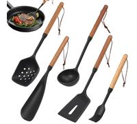 5Pcs Silicone Kitchen Utensils Set Heat Resistant Non Stick Cooking Tools with Wooden Handle Include Soup Ladle, Spatula, Spoon, Duckbill Spatula, Oil Brush for Home Camping Kitchen Accessories