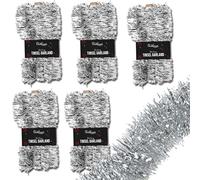 5Pcs Silver Tinsel Garland 15M | Metallic Shiny Christmas Tree Decorations | Indoor Outdoor Party Hanging Garland | Xmas Wall Ceiling Backdrop Reusable Holiday Décor