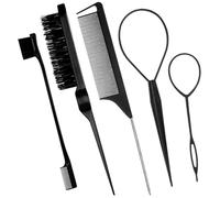 5Pcs Slick Hair Brush Set with 2Pcs Topsy Hair Tail Tool 1Pcs Bristle Teasing Hair Brushes 1Pcs Edge Brush 1Pcs Rat Tail Comb Woman,Girls,Hair Flyaways Styling,Edge&Back Combing biack