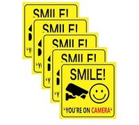 5PCS Smile You’re On Camera Sign Stickers - CCTV Warning Vinyl Decals - Self Adhesive Square Camera Notice for Home Office Shop Door Window (10 x 10cm)