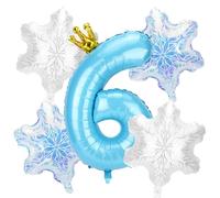 5pcs Snow Birthday Party Balloon Decorations, Large Blue Number & 4pcs Snowflake Big Foil Balloons Decorations and Favors for Winter Wonderland Blue Princess Theme Birthday Parties(Number 6)
