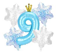 5pcs Snow Birthday Party Balloon Decorations, Large Blue Number & 4pcs Snowflake Big Foil Balloons Decorations and Favors for Winter Wonderland Blue Princess Theme Birthday Parties(Number 9)