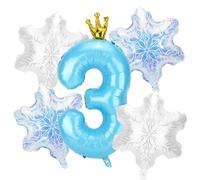 5pcs Snow Birthday Party Balloon Decorations, Large Blue Number & 4pcs Snowflake Big Foil Balloons Decorations and Favors for Winter Wonderland Blue Princess Theme Birthday Parties(Number 3)