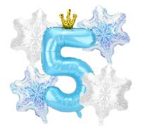 5pcs Snow Birthday Party Balloon Decorations, Large Blue Number & 4pcs Snowflake Big Foil Balloons Decorations and Favors for Winter Wonderland Blue Princess Theme Birthday Parties(Number 5)