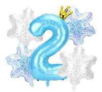 5pcs Snow Birthday Party Balloon Decorations, Large Blue Number & 4pcs Snowflake Big Foil Balloons Decorations and Favors for Winter Wonderland Blue Princess Theme Birthday Parties(Number 2)