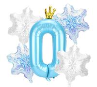 5pcs Snow Birthday Party Balloon Decorations, Large Blue Number & 4pcs Snowflake Big Foil Balloons Decorations and Favors for Winter Wonderland Blue Princess Theme Birthday Parties(Number 0)