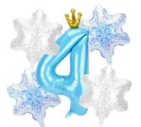 5pcs Snow Birthday Party Balloon Decorations, Large Blue Number & 4pcs Snowflake Big Foil Balloons Decorations and Favors for Winter Wonderland Blue Princess Theme Birthday Parties(Number 4)