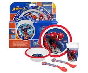 5PCs Spiderman Kids Reusable Dinner Set - 260ml Reusable Cup, Plate, Bowl, Fork & Spoon, BPA Free Plastic Tableware for Children 4+y, Microwave Safe Dinnerware Set