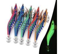 5Pcs Squid Jig Luminous Fishing Lures, Glow Squid Jig Hooks Hard Shrimp Lure Saltwater Glow Baits Artificial Fluorescent Fake Prawn Lure for Octopus Cuttlefish, Sea Fishing Lures Kit (14cm)