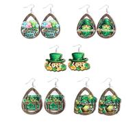 5Pcs St Patricks Day festival Earrings for Women Funny Gnome Wooden Earrings Green Clover Earrings Dangle St Patricks Day Jewelry Gift, wooden, No Gemstone