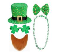 5Pcs St Patricks Day Outfits, Adult Deluxe Green Leprechaun Top Hat with Beard, Bow Tie, Glasses, Necklace, St Patrick's Day Accessories Irish Fancy Dress Costume