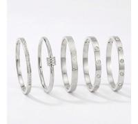 5PCS Stainless Steel Bangle Bracelet Set Silver Rhinestone Jewelry Women | 5-piece silver-tone bangle bracelet set with stackable designs, engraved details and elegant rhinestone accents