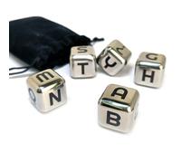 5Pcs Stainless Steel Dice Set with Letters & Symbols - 1" Engraved Metal Dice for Gaming, Teaching & Decorative Display, Laser-Etched Mirror Finish, Includes Velvet Bag (A-Z + ?!-)