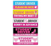 5pcs Student Driver Magnet, Cute Pink Student New Driver Magnetic Car Magnet Please Be Nice Trying My Best Decal Reflective Bumper Sticker Rookie Safety Novice Beginner Warning Sign for Car Learner