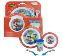 5PCs Super Mario Reusable Dinner Set - Kids Tableware Set Plate, Bowl & 260ML Drinking Plastic Cup with Cutlery Set, Breakfast Lunch Microwave Safe Dinnerware Set 4+Years