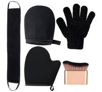 5PCS Tanning Mitt Set, Tanning Mitt, Fake Tan Mitts, Includes 3 Pairs of Gloves, 1 Back Tanner Applicator and Tannings Brush for Body, Back Self Applicator for Tannings Lotion, Mousse (Black).