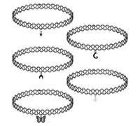 5PCS Tattoo Choker Necklace for Women, 90s black tattoo chokers Star Moon Butterfly Pearl Pendant Adjustable Retro Necklaces, 90's black stretch choker Gothic Tattoo Lace Choker Y2K