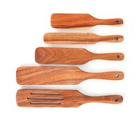 5Pcs Teak Steak Spatula Set, Wooden Cooking Spatula with Slotted and Solid Designs, Heat - Resistant Kitchen Utensils for Grilling Frying and Non - Stick Cookware