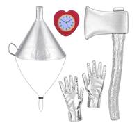 5PCS Tin Costume Accessories, Halloween Cosplay Costume Set, Silver Funnel Hat Axe Set with Heart Clock Brooch Silvery Gloves for Adult Women Men for Cosplay Party
