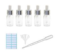 5Pcs Transparent Dropper Bottle 10ML Plastic Eye Dropper Bottles for Essential Oil Pipette Refillable - with Measured Pipette, Funnel and Labels (White + Silver Cap)