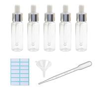 5Pcs Transparent Dropper Bottle 20ML Plastic Eye Dropper Bottles for Essential Oil Pipette Refillable - with Measured Pipette, Funnel and Labels (White + Silver Cap)