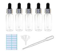 5Pcs Transparent Dropper Bottle 30ML Plastic Eye Dropper Bottles for Essential Oil Pipette Refillable - with Measured Pipette, Funnel and Labels (Black + Silver Cap)