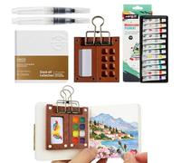 5PCS Travel Watercolour Set, Portable Mini Watercolour Paint Set Travel with 12 Colors, Foldable Wooden Palette, Sketchbook & 2 Brushes, Watercolour Paint Set for Beginners, Outdoor Sketching & Gift
