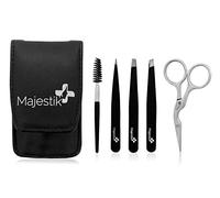 5Pcs Tweezers Set - Eyebrow Grooming Kit With Curved Stainless Steel Scissors, Spoolie Eyebrow Brush in Black Case - Eye brow Kit For Men And Women