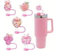 5PCS Valentines Day Straw Toppers for Stanley Cup New Pink Glitter Fruit Cover Cap 40oz/30oz Tumbler, 3D Silicone Straw Cover Caps for 10mm Straws, Festive Cup Accessories & Valentines Gifts