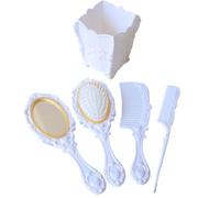 5Pcs Vintage Hair Brush Set Hand Mirror Comb Set with Hand Mirror, Detangling Hair Brush, Rat Tail Comb, and Holder with Embossed Flower for All Types (White).