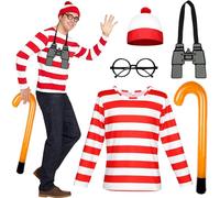 5Pcs Wally Costume Outfit Set for Adult, Fancy Dress Cosplay Accessories with Red and White Stripe T-Shirt Beanie Hat Frameless Glasses Crutches for World Book Day Halloween Christmas (2XL)