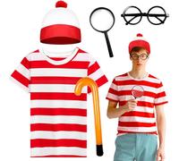 5Pcs Wally Costume Set for Adults, Red and White Striped Fancy Dress Accessories with T-Shirt Beanie Hat Glasses Inflatable Cane Magnifying Glass for Women Men World Book Day Halloween Cosplay (M)