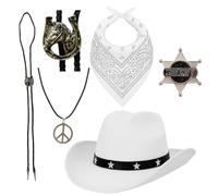 5Pcs Western Cowboy Fancy Dress Accessories Set, White Hat & Bandanna Bootlace Tie Sheriff Badge Wild West Cowboy Outfit Kit for Men & Women Rodeo Disco Party