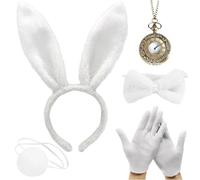 5Pcs White Rabbit Alice in Wonderland Costume Set, White Rabbit Costume, Rabbit Ears Costume for Easter, World Book Day, Halloween Party, Cosplay (White Gloves,Clock,Bow Tie,Bunny Ears and Tail)