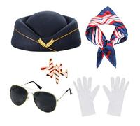 5Pcs Women Air Hostess Costume Set Flight Attendant Costume Airline Stewardesses Outfits with Stewardess Hat Sunglasses Brooch Scarf Gloves for Cosplay Fancy Dress Halloween Party (Navy Blue)