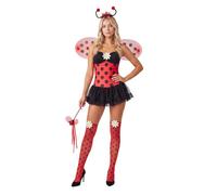 5PCS Women Halloween Ladybug Costume Mini Dress Headband Wings Socks Wand | Sleeveless cami tulle patchwork dress, dot or stripe print, sheer wing, floral decor over the knee socks