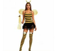 5PCS Women Halloween Ladybug Costume Mini Dress Headband Wings Socks Wand | Sleeveless cami tulle patchwork dress, dot or stripe print, sheer wing, floral decor over the knee socks
