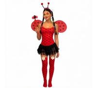 5PCS Women Halloween Ladybug Costume Mini Dress Headband Wings Socks Wand | Sleeveless cami tulle patchwork dress, dot or stripe print, sheer wing, floral decor over the knee socks