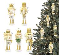 5Pcs Wooden Christmas Nutcracker Soldier Ornaments Gold,13cm Nutcracker Soldier Mini Figures Christmas Tree Decorations,Xmas Nutcracker King Hanging Ornaments for Traditional Christmas Tree Decoration