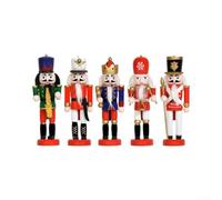 5pcs Wooden Nutcracker Figures Set 4.7in Hand-Painted | Set of 5 unique designs, hand-painted details, faux beard trim, 4.72in height, shelf or tree hang