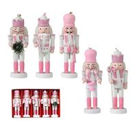 5pcs Wooden Nutcracker Ornaments, 12cm Mini Pink Puppet, Painted Hanging Pine Wood Christmas Soldier Doll Pendant for Classic Traditional Tree Party Decoration