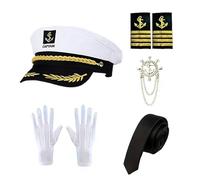 5PCS Yacht Captain Costume Set, Captain Role Playing Costume for Men Women, Navy Sailor Dress Up with Hat, Ties, Epaulettes, Brooch and Gloves, Funny Cosplay Accessories for Halloween Parties