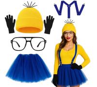 5Pcs Yellow Costume Accessories for Adult, Funny Costumes with Beanie Knit Hats, Tutu Skirt, Blue Sling, Black Gloves and Glasses, Cute Party Costumes for Halloween Costumes and Cosplay Party