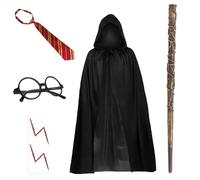 5Piece Wizard Costume Accessories Set for Kids, School Tie, Black Cape, Kids Fake Glasses, Wizard Wand, Sticker, Perfect for World Book Day, Easter, Halloween, Cosplay, Role Play, Theme Carnival