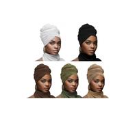 5PS Stretch African Head Wraps for Five-color set Women - Long Jersey Turban Headwraps, Head Scarf, Headbands (Black, White, Gamel, Army Green, Coffee)