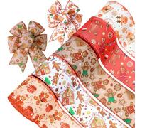 5Rolls 25 Yards Christmas Wired Edge Ribbon 2.5 Inch Gingerbread Man Candy Buffalo Plaid Pattern Burlap Ribbon for Xmas Party Winter Holidays Craft Supplies