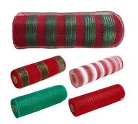 5Rolls Deco Mesh Ribbon, 10 Inch x 10 Yard Red White Green Stripe Mesh for Wreath Craft